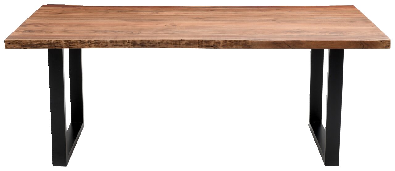 Moderner Esstisch aus Holz mit natürlicher Kante und schwarzen Metallbeinen, Frontalansicht.