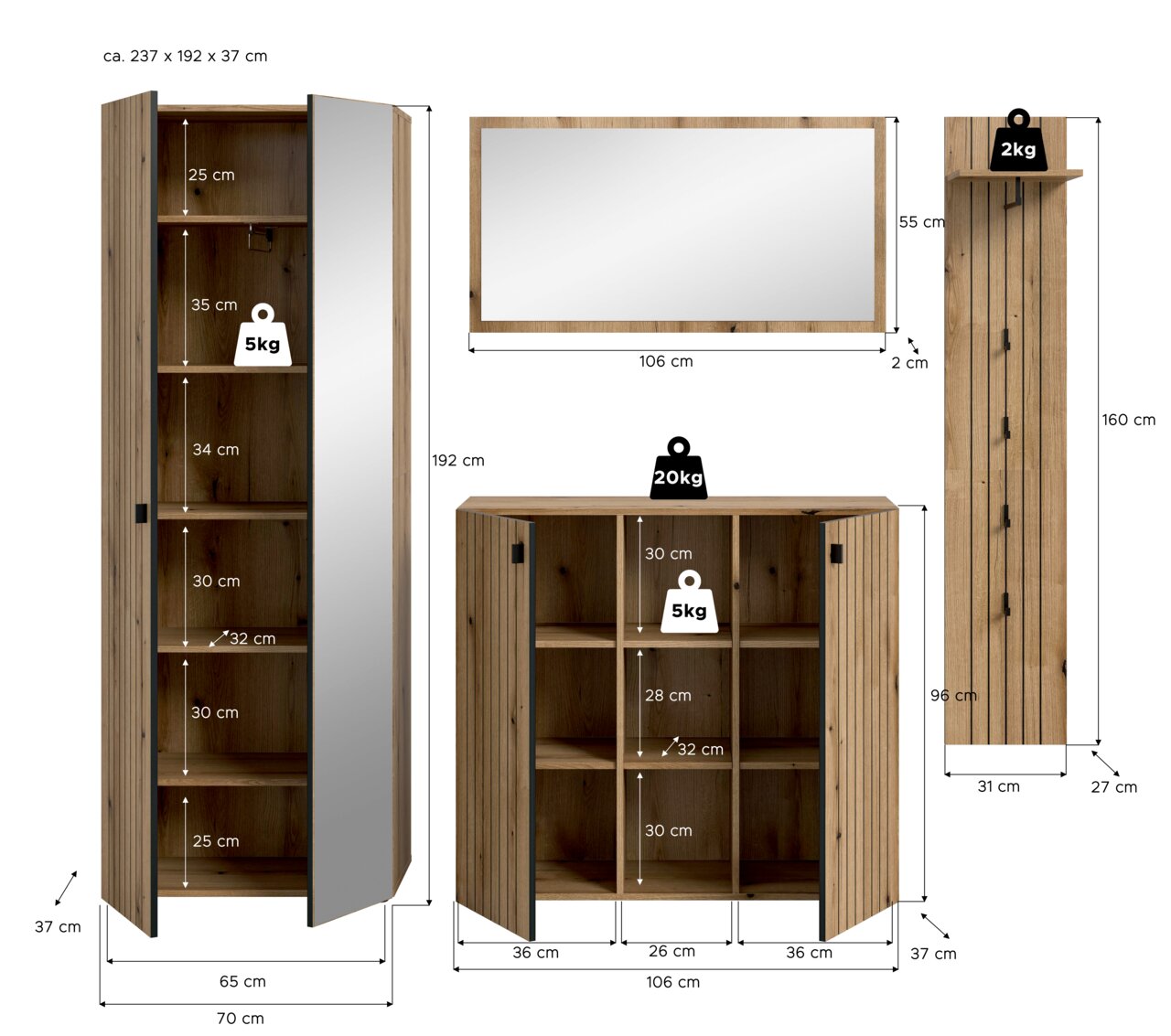 Maßgrafik eines Möbelsets in Holzoptik: hoher Schrank mit Spiegel-Tür und offenen Fächern sowie breites Sideboard mit zwei Türen und Innenfächern; dazu Wandspiegel und Wandpaneel mit Ablage, mit eingezeichneten Maßen und Belastungsangaben – Ansicht vorne 