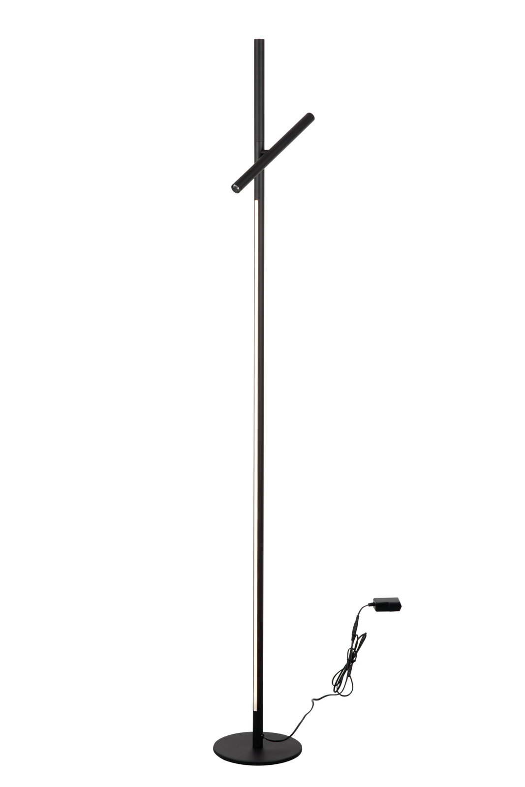 Schwarze LED-Stehleuchte mit modernem Design, seitliche Perspektive
