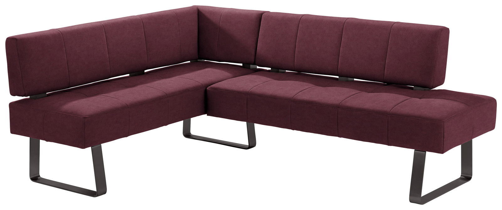 Moderano Eckbank LUPO II Eckbank in dunkelrotem Stoffbezug mit schwarzem Metallgestell, seitliche Perspektive
