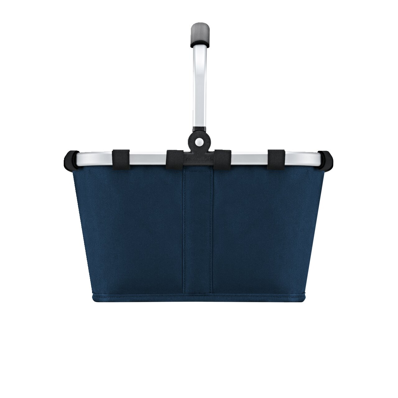 Dunkelblauer Carrybag xs aus der Frontperspektive mit Aluminiumgriff und schwarzem Griffpolster.