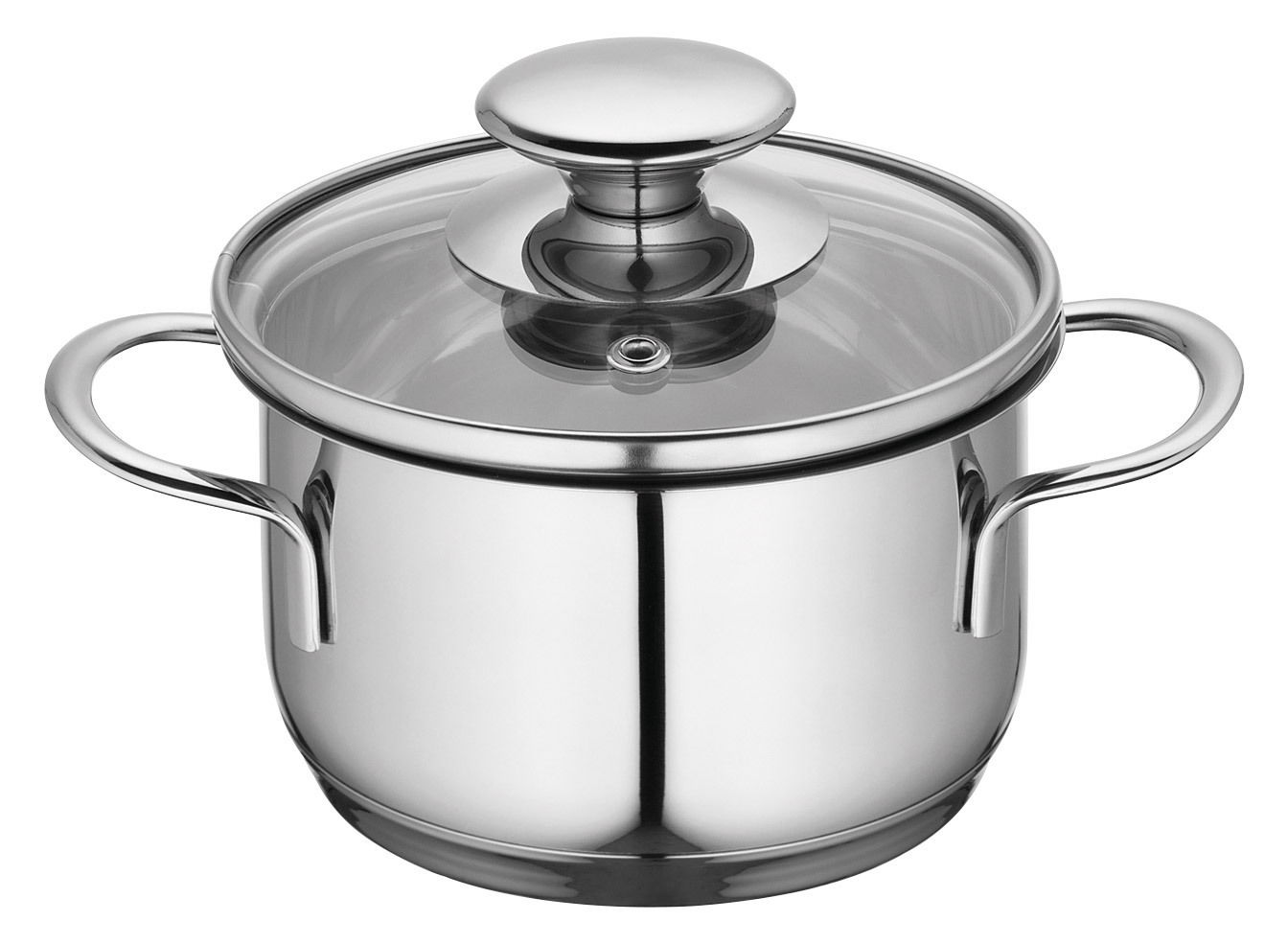 Edelstahl Kochtopf CAPRI, 12 cm, mit Glasdeckel und zwei Griffen, seitliche Perspektive