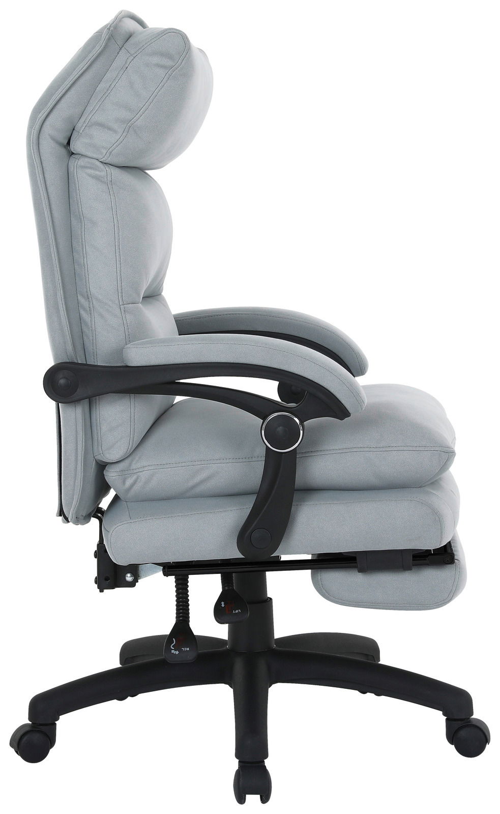Seitliche Ansicht eines grauen Chefsessels mit gepolsterten Armlehnen und verstellbarer Rückenlehne.