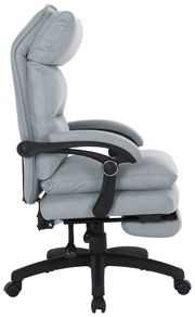 Seitliche Ansicht eines grauen Chefsessels mit gepolsterten Armlehnen und verstellbarer Rückenlehne.