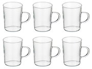 Sechser-Set transparenter Glastassen mit Henkel, freigestellt auf weißem Hintergrund, frontale Ansicht mit leichtem Blick von oben