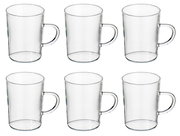 Sechser-Set transparenter Glastassen mit Henkel, freigestellt auf weißem Hintergrund, frontale Ansicht mit leichtem Blick von oben