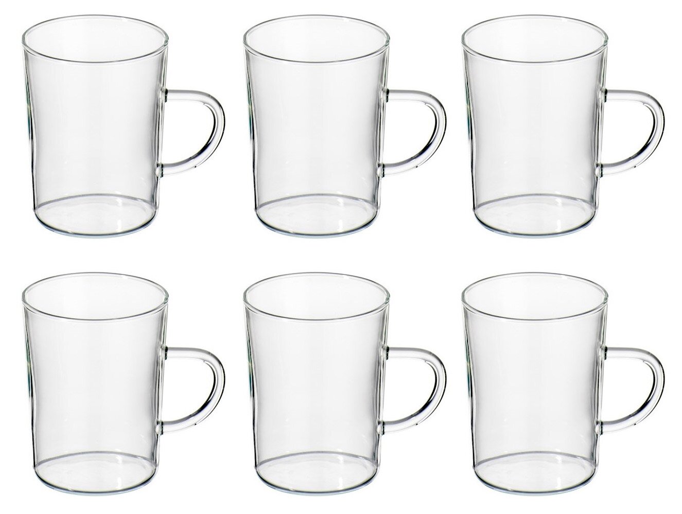 Sechser-Set transparenter Glastassen mit Henkel, freigestellt auf weißem Hintergrund, frontale Ansicht mit leichtem Blick von oben