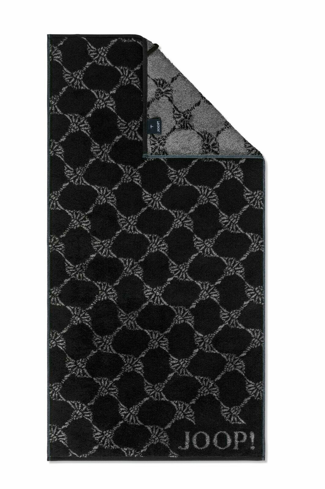 JOOP! Handtuch CORNFLOWER CLASSIC Schwarzes Handtuch mit grauem Muster und JOOP! Logo, Draufsicht