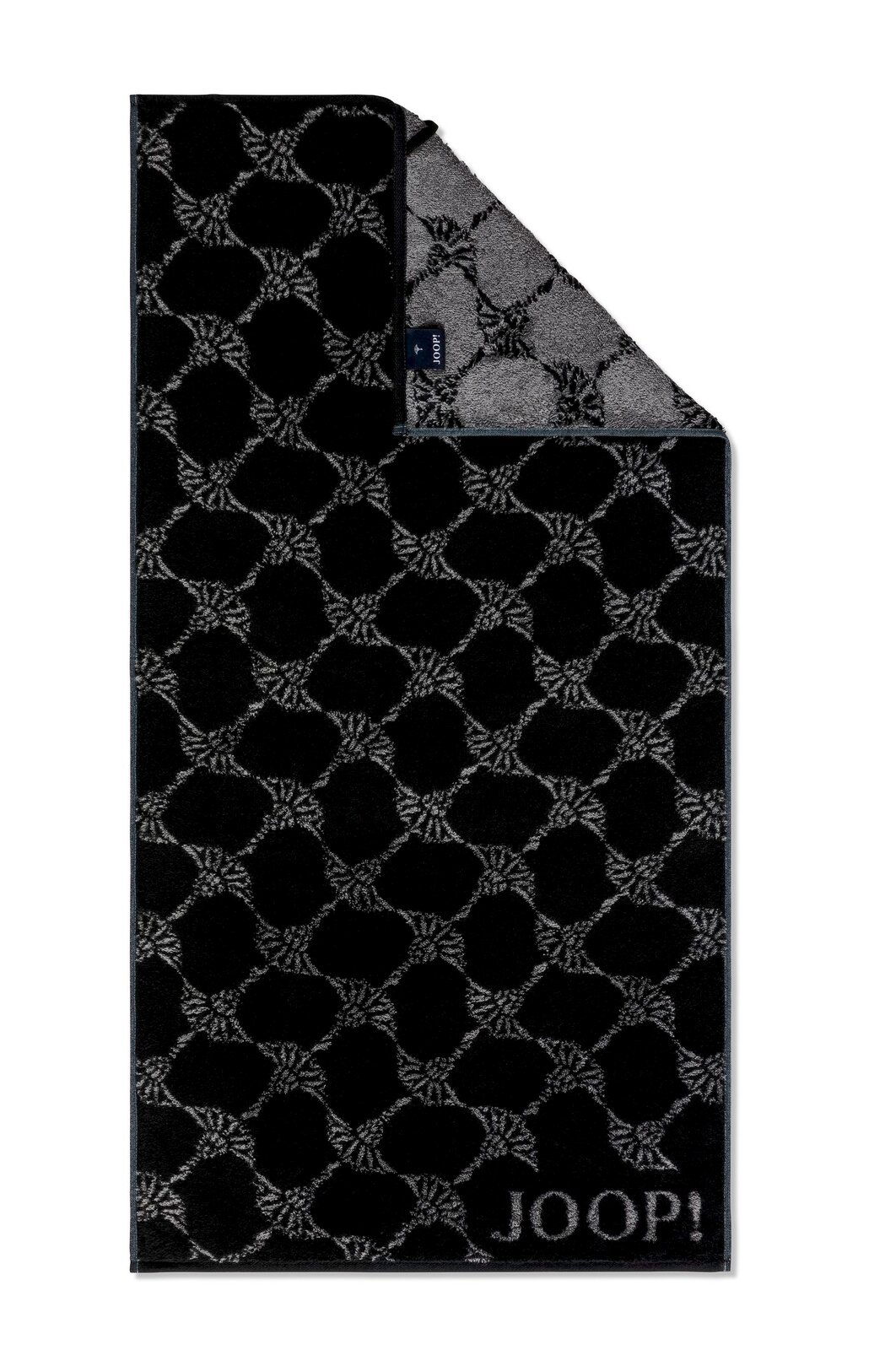 JOOP! Handtuch CORNFLOWER CLASSIC Schwarzes Handtuch mit grauem Muster und JOOP! Logo, Draufsicht