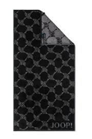 Schwarzes Handtuch mit grauem Muster und JOOP! Logo, Draufsicht