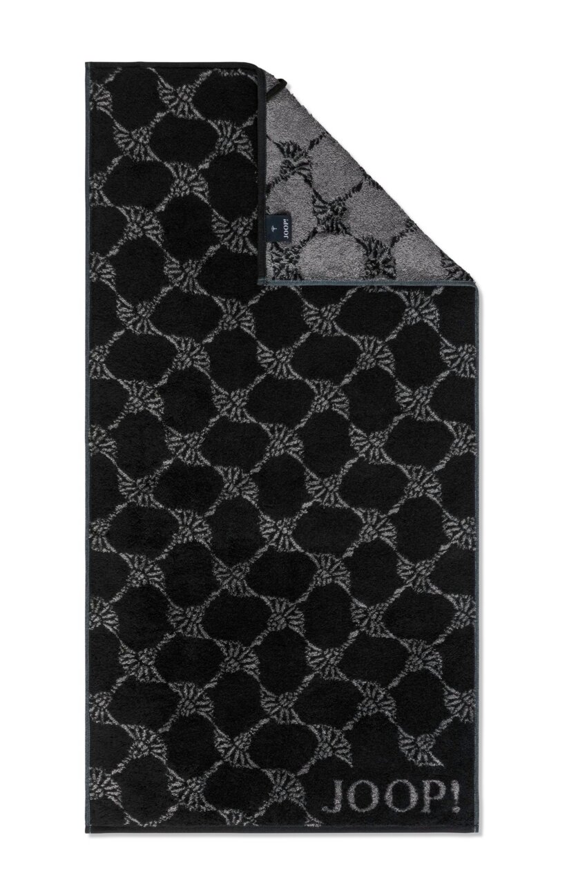 Schwarzes Handtuch mit grauem Muster und JOOP! Logo, Draufsicht