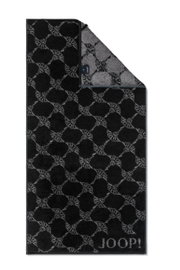 Schwarzes Handtuch mit grauem Muster und JOOP! Logo, Draufsicht
