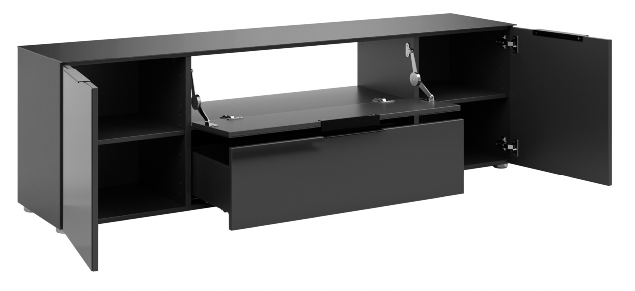 Schwarzes TV-Lowboard mit offenen Türen und Schubladen, seitliche Perspektive
