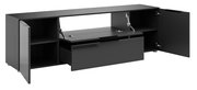 Schwarzes TV-Lowboard mit offenen Türen und Schubladen, seitliche Perspektive