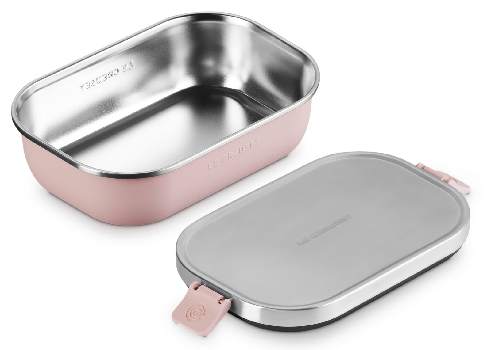 LE CREUSET Lunchbox Shell Pink ON THE GO Lunchbox 900ml in Shell Pink, geöffnet und geschlossen, aus der Vogelperspektive