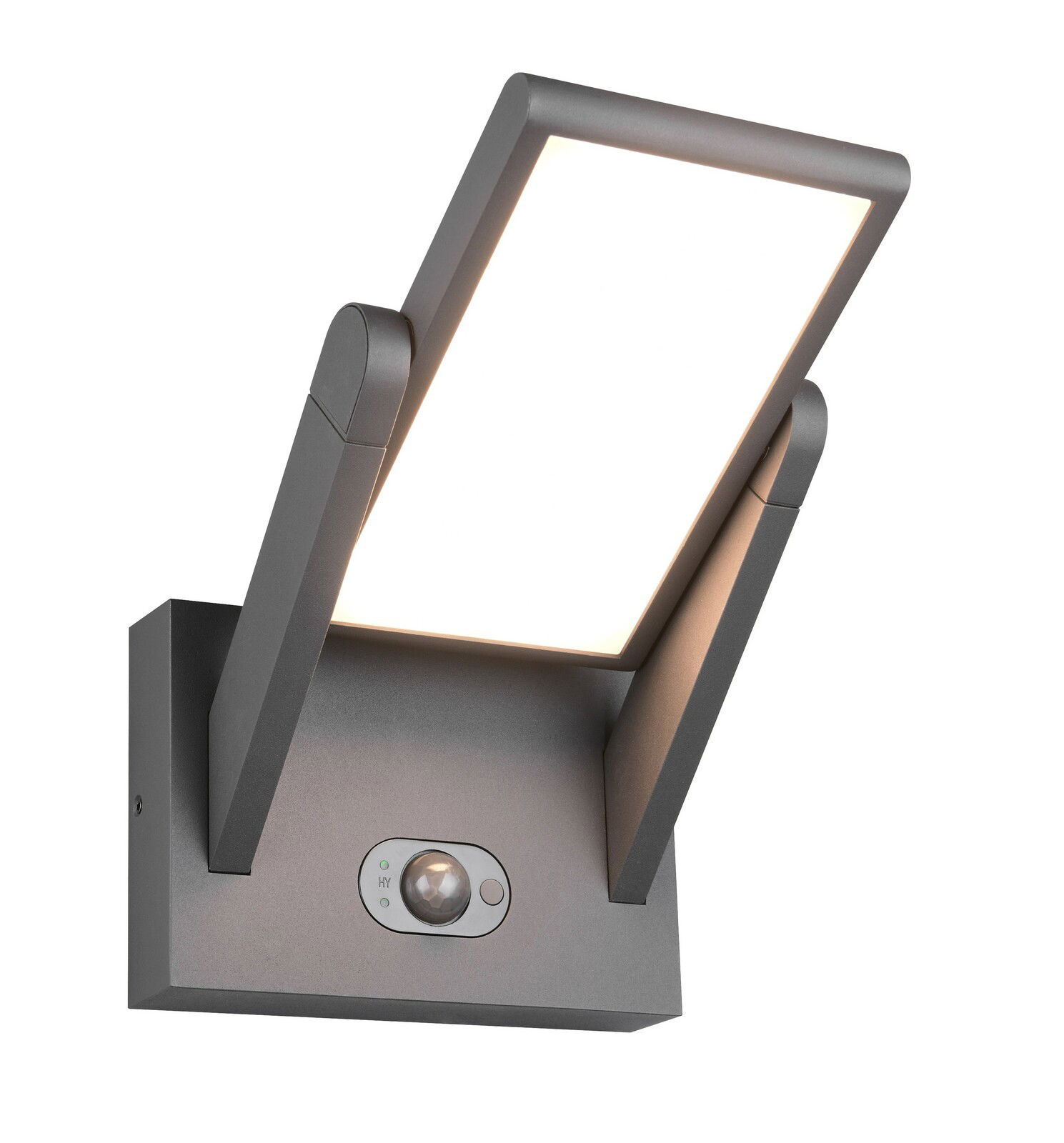 Moderne Wandleuchte Malawi mit rechteckigem, schwenkbarem Leuchtkörper und integriertem Bewegungssensor, seitliche Perspektive