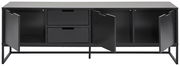 Schwarzes TV-Lowboard mit zwei offenen Türen und zwei Schubladen, frontale Ansicht