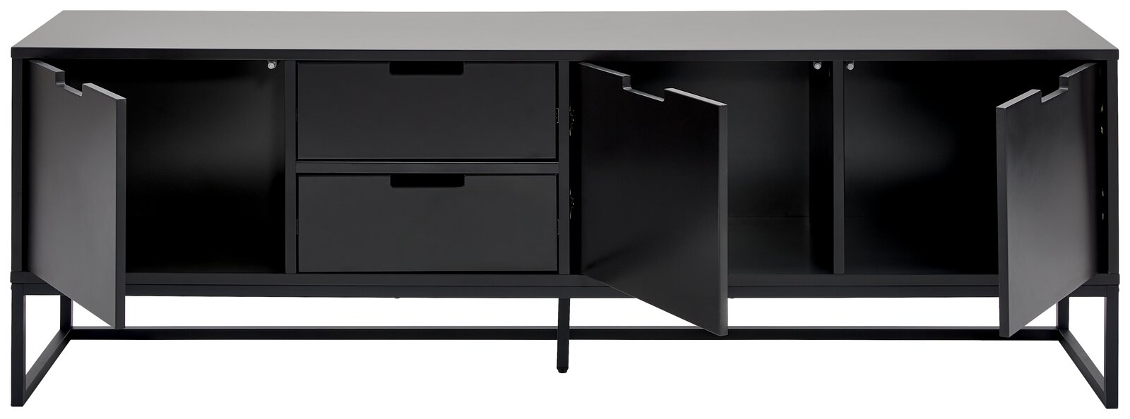 Schwarzes TV-Lowboard mit zwei offenen Türen und zwei Schubladen, frontale Ansicht