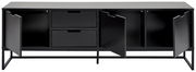 Schwarzes TV-Lowboard mit zwei offenen Türen und zwei Schubladen, frontale Ansicht