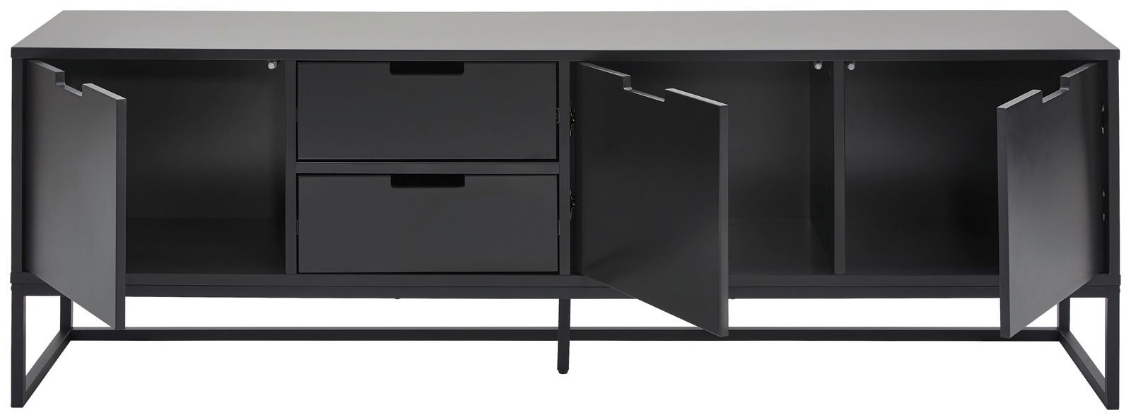 Schwarzes TV-Lowboard mit zwei offenen Türen und zwei Schubladen, frontale Ansicht