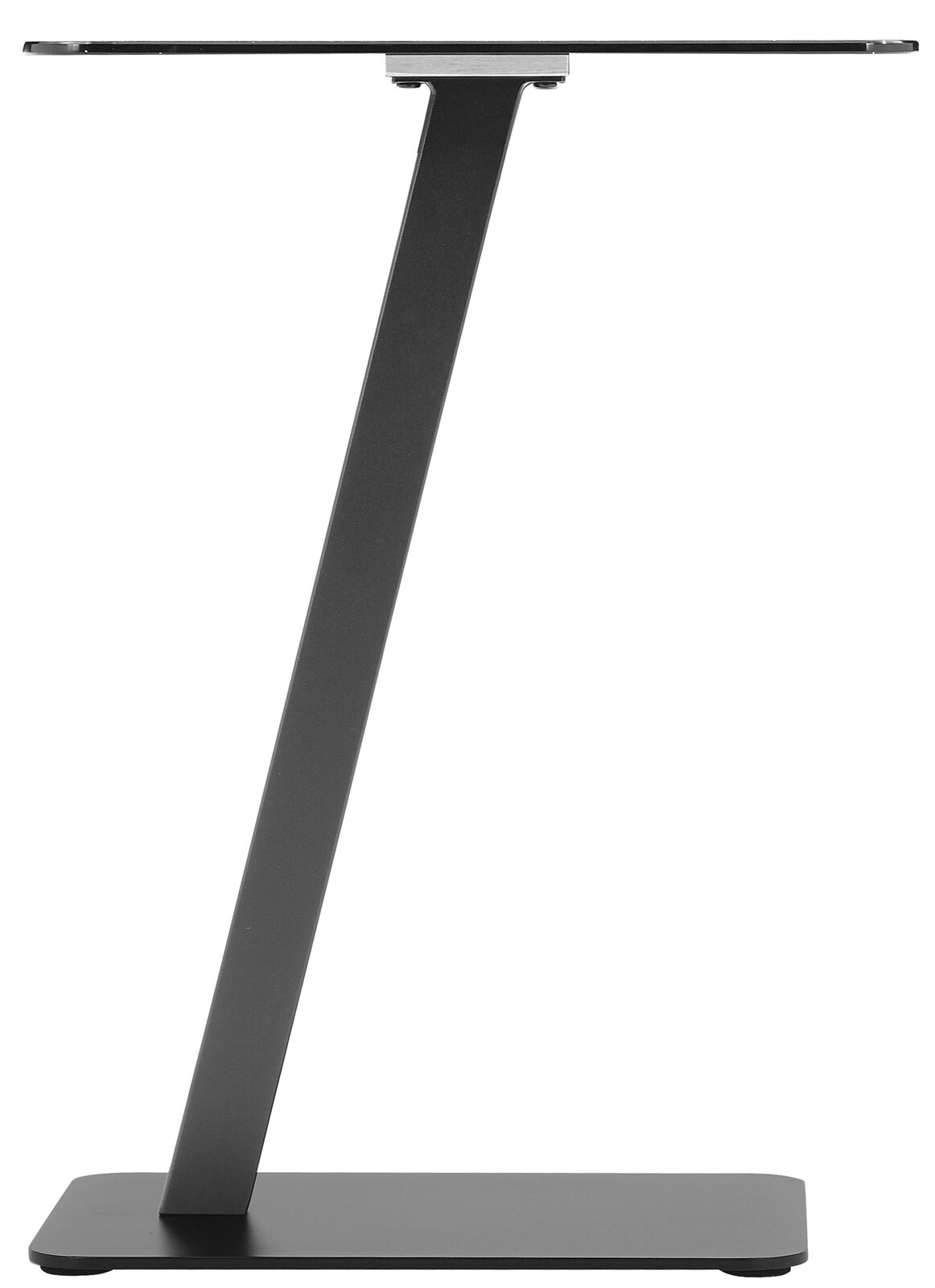 Moderne bijzettafel met schuin metalen onderstel en rechthoekig glazen blad, zijaanzicht.