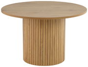 Runder Esstisch aus Holz mit vertikalen Streifen auf dem Sockel, seitliche Perspektive