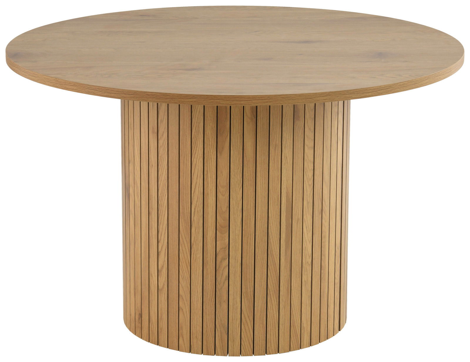 Runder Esstisch aus Holz mit vertikalen Streifen auf dem Sockel, seitliche Perspektive