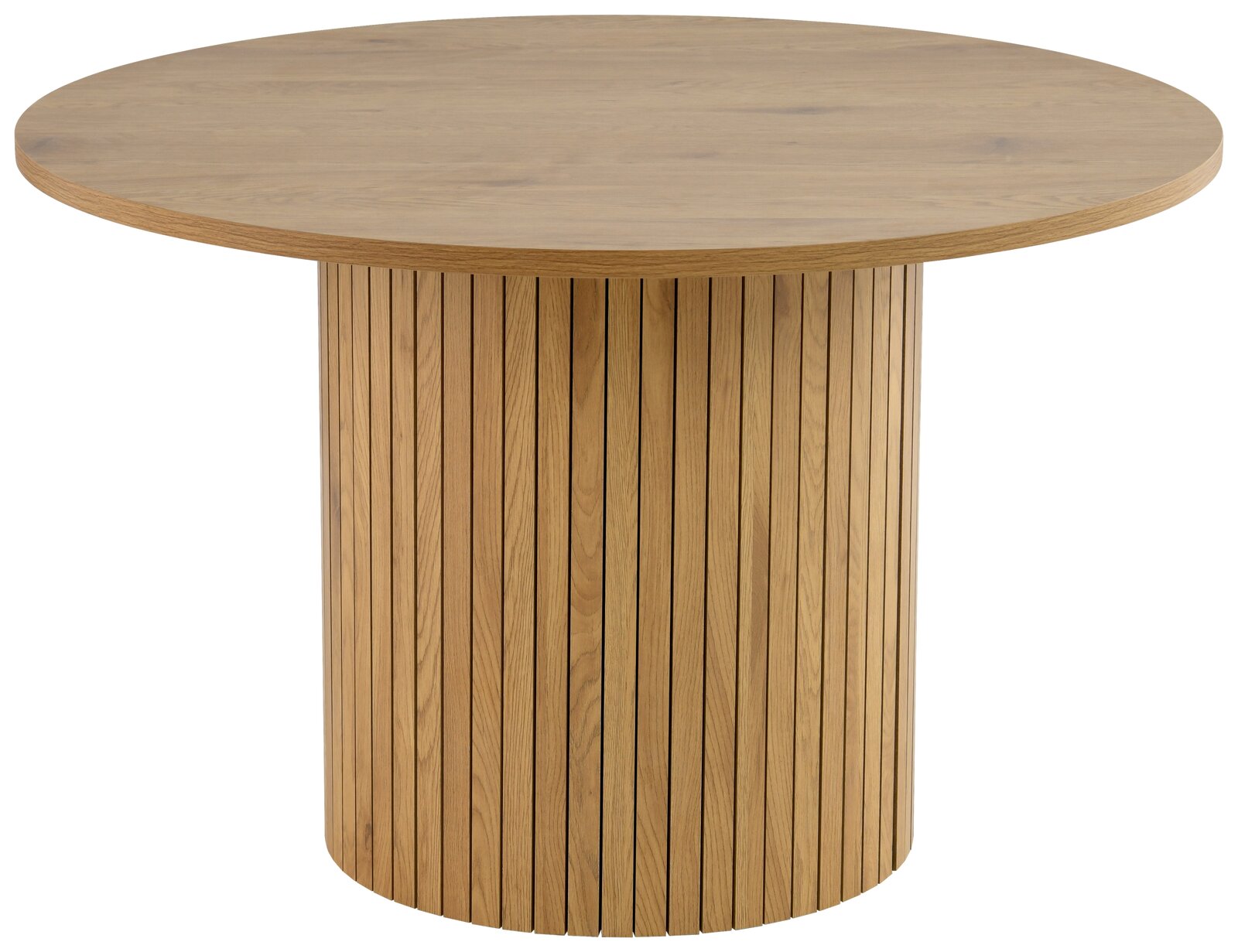 Runder Esstisch aus Holz mit vertikalen Streifen auf dem Sockel, seitliche Perspektive
