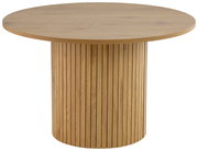 Runder Esstisch aus Holz mit vertikalen Streifen auf dem Sockel, seitliche Perspektive