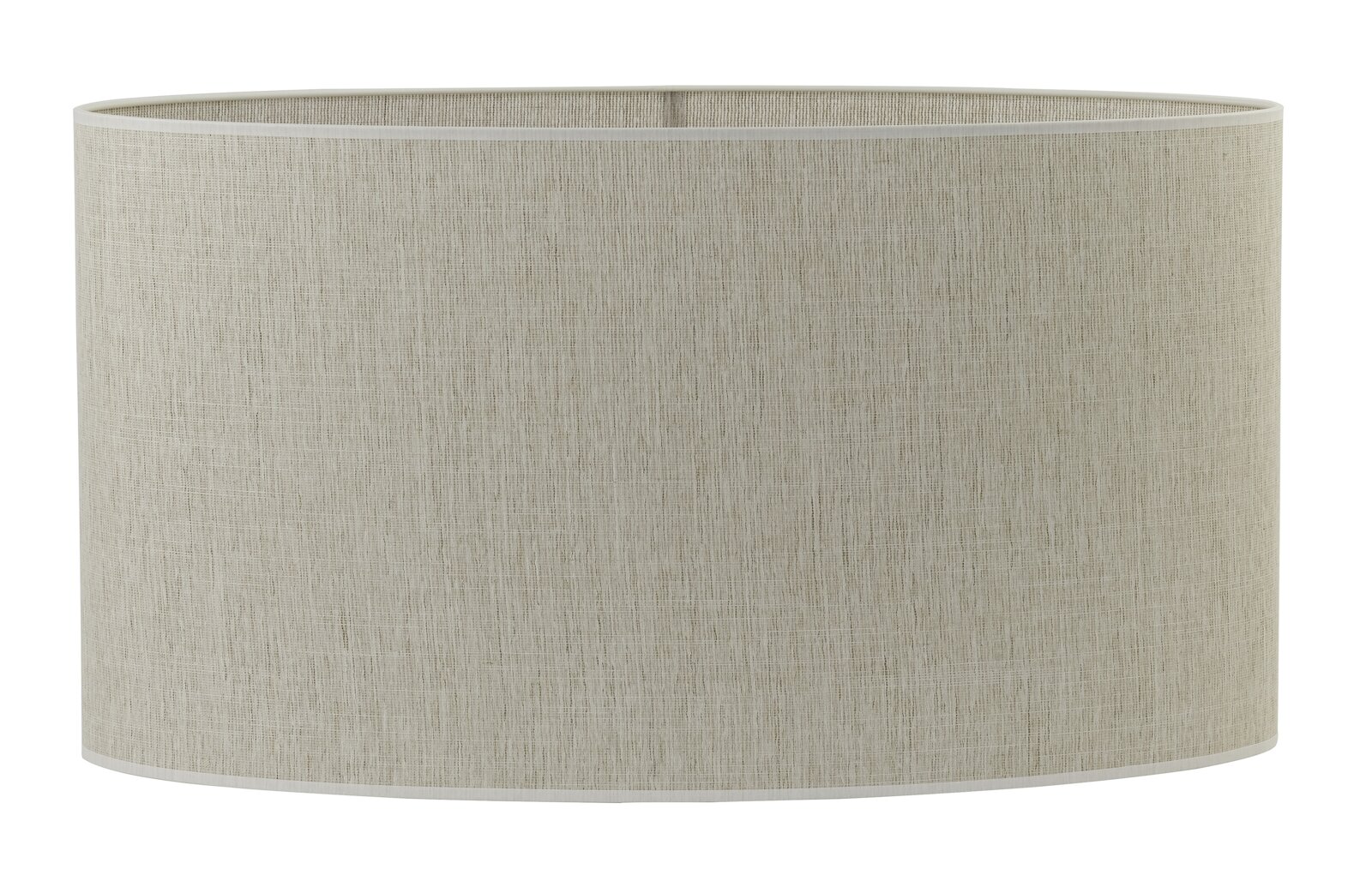 Ovaler Lampenschirm aus beigem, leinenartigem Stoff mit feiner Struktur, freigestellt auf weißem Hintergrund, Frontansicht