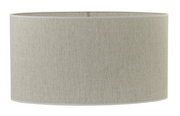 Ovaler Lampenschirm aus beigem, leinenartigem Stoff mit feiner Struktur, freigestellt auf weißem Hintergrund, Frontansicht