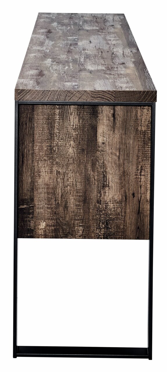 Zijaanzicht van een dressoir met een rustieke houtlook en een zwart metalen frame.