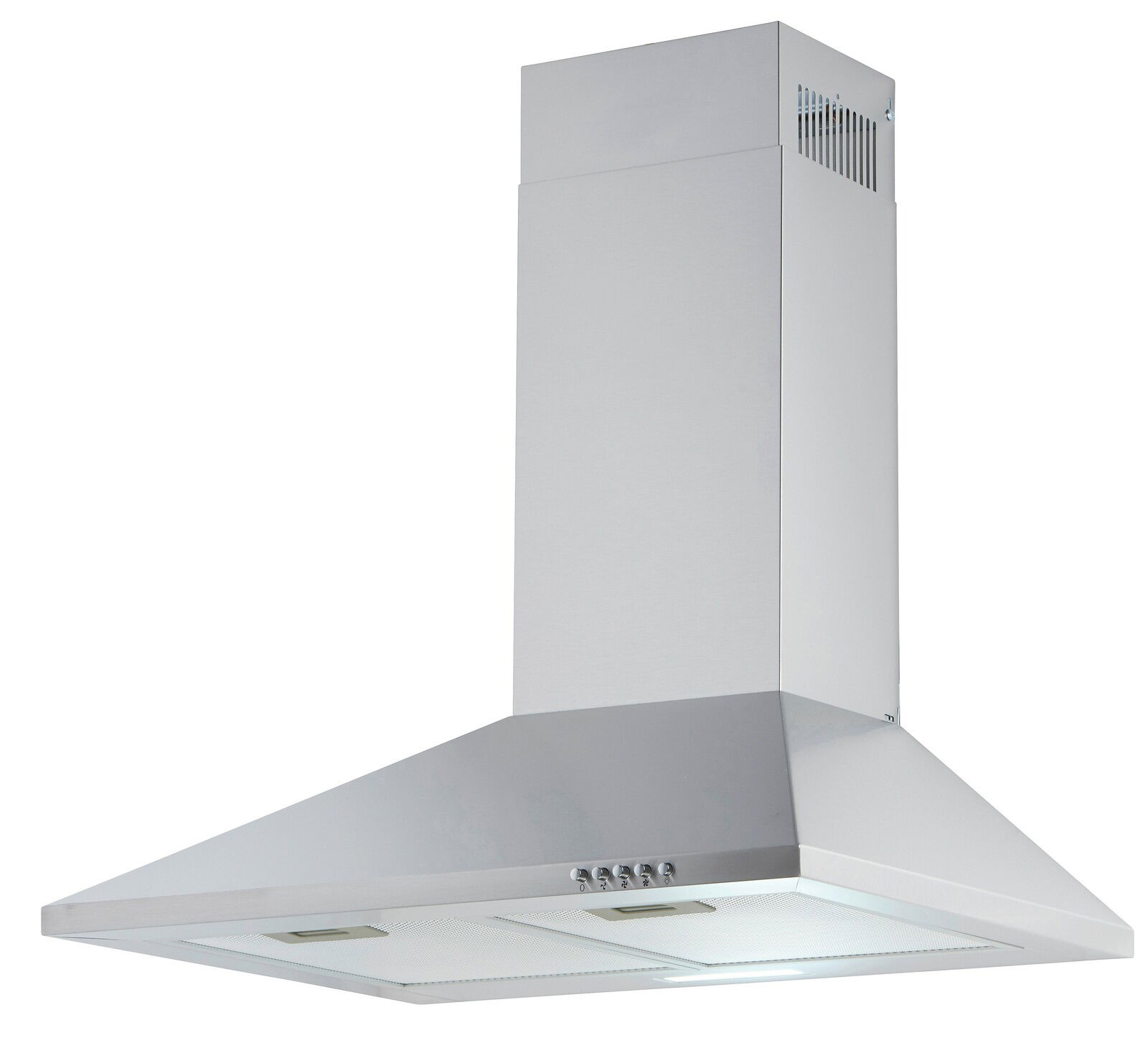 Silberne Dunstabzugshaube in Frontalansicht mit modernem Design und Bedienelementen an der Vorderseite.
