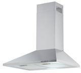 Silberne Dunstabzugshaube in Frontalansicht mit modernem Design und Bedienelementen an der Vorderseite.