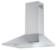 Silberne Dunstabzugshaube in Frontalansicht mit modernem Design und Bedienelementen an der Vorderseite.