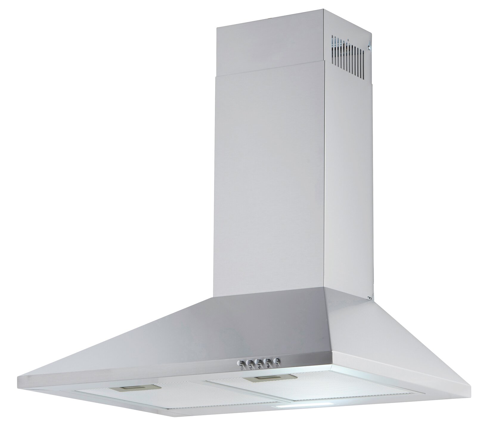Silberne Dunstabzugshaube in Frontalansicht mit modernem Design und Bedienelementen an der Vorderseite.