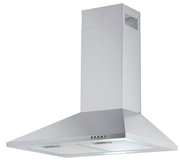 Silberne Dunstabzugshaube in Frontalansicht mit modernem Design und Bedienelementen an der Vorderseite.