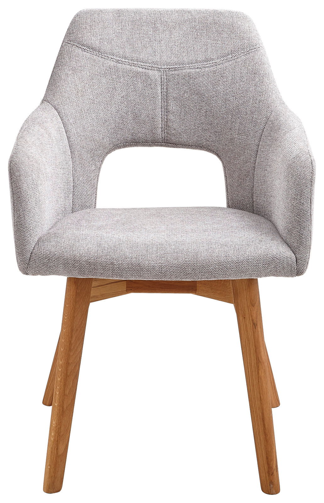 Moderner grauer Sessel mit Holzbeinen, Vorderansicht