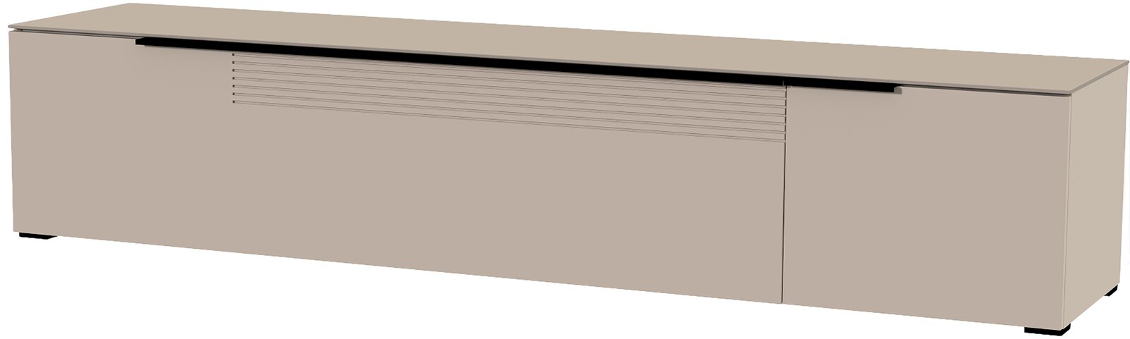 Beiges XL TV-Lowboard mit glatter Oberfläche und horizontalen Linien auf der Vorderseite, seitliche Perspektive