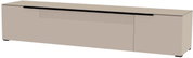 Beiges XL TV-Lowboard mit glatter Oberfläche und horizontalen Linien auf der Vorderseite, seitliche Perspektive