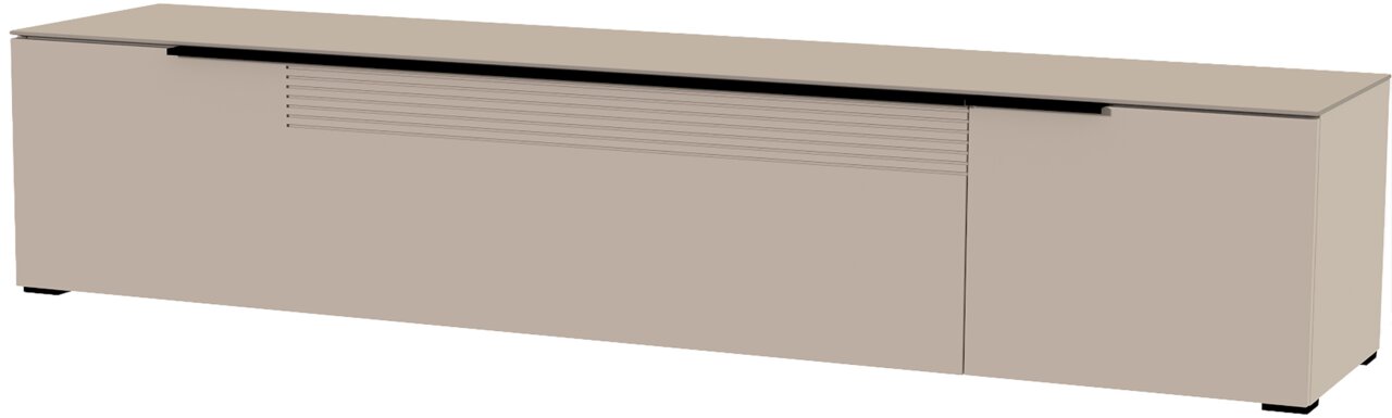 Beige XL tv-lowboard met een glad oppervlak en horizontale lijnen aan de voorkant, gezien vanaf de zijkant