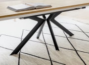 Detailaufnahme in schräger Seitenperspektive: moderner Esstisch mit heller Holzplatte und schwarzem Metallgestell in Sternform auf gemustertem Teppich, mit aufgeschlagenem Buch auf der Tischplatte