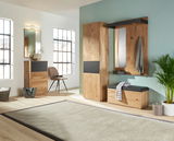 Moderner Schuhschrank aus Holz mit schwarzen Akzenten, frontal fotografiert in einem hellen Raum mit großen Fenstern.