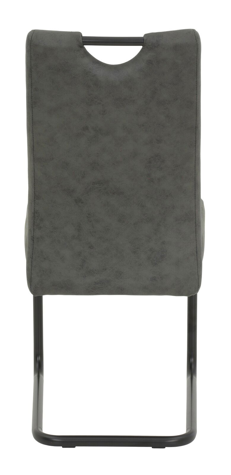 Rückansicht eines grauen Schwingstuhls mit schwarzem Metallgestell.