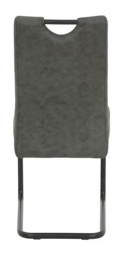 Rückansicht eines grauen Schwingstuhls mit schwarzem Metallgestell.