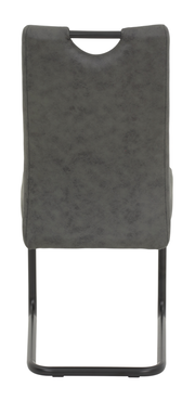 Rückansicht eines grauen Schwingstuhls mit schwarzem Metallgestell.