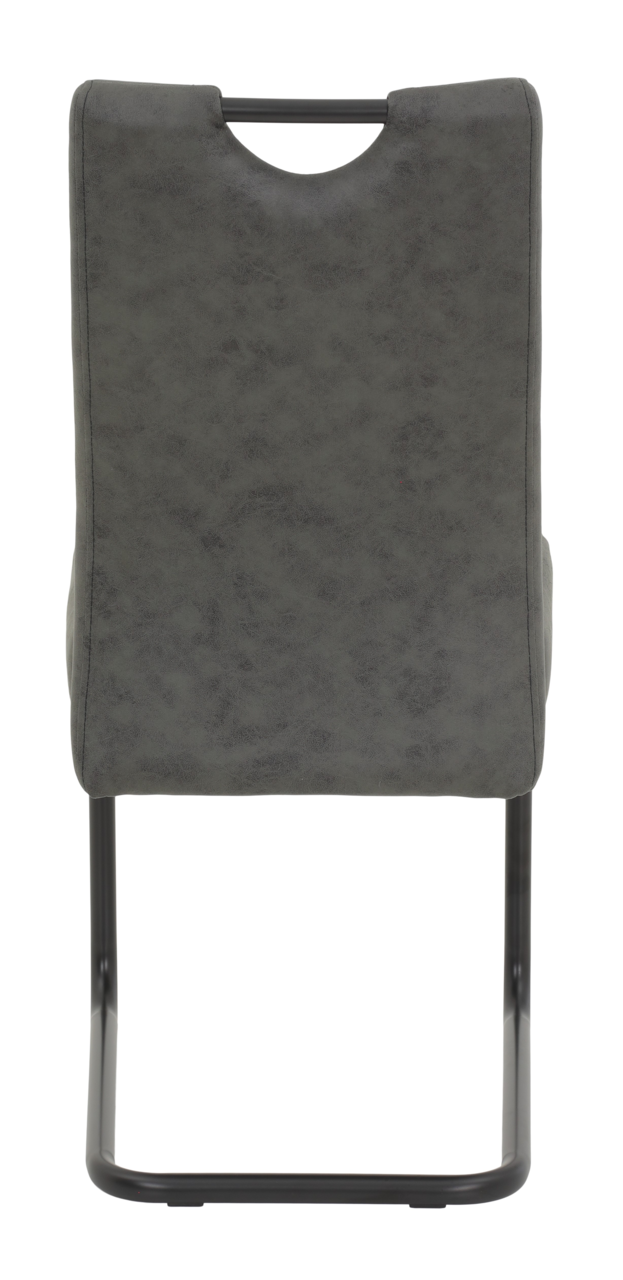 Rückansicht eines grauen Schwingstuhls mit schwarzem Metallgestell.