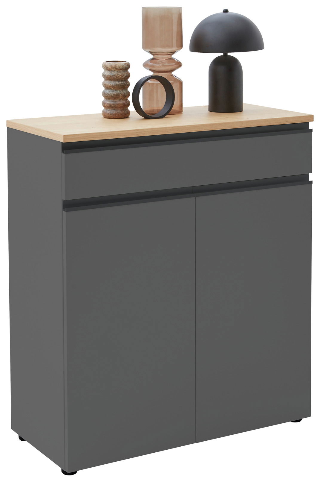 Dieter Knoll Kombi-Kommode LENDINA Kombi-Kommode 90 in grauer Farbe mit Holzplatte, dekoriert mit modernen Vasen und einer Lampe, seitliche Perspektive