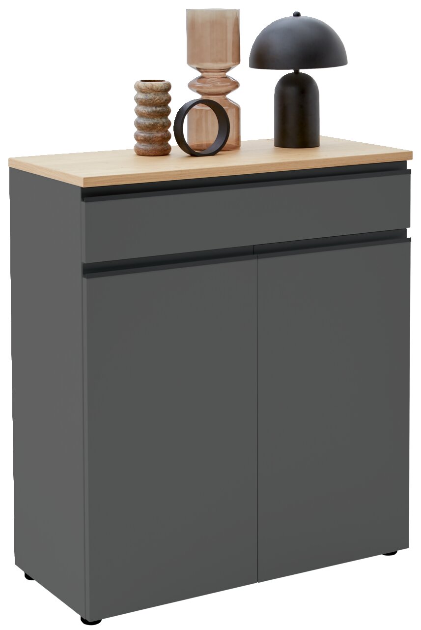 Dieter Knoll Kombi-Kommode LENDINA Kombi-Kommode 90 in grauer Farbe mit Holzplatte, dekoriert mit modernen Vasen und einer Lampe, seitliche Perspektive