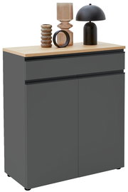Kombi-Kommode 90 in grauer Farbe mit Holzplatte, dekoriert mit modernen Vasen und einer Lampe, seitliche Perspektive
